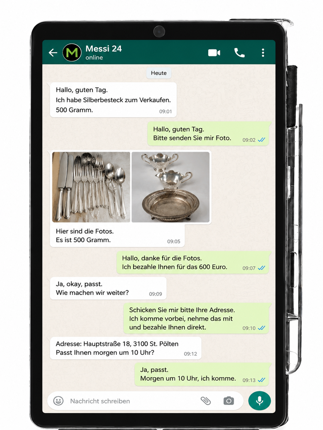 Ankauf von Silberkännchen, Schalen und Servierteilen per WhatsApp mit Fotos, Gewichtsangabe und direktem Angebot