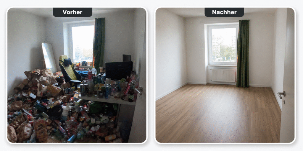 Vorher-Nachher-Foto einer Chaosbeseitigung und Messie Räumung – links überfülltes Zimmer, rechts vollständig leergeräumter Raum
