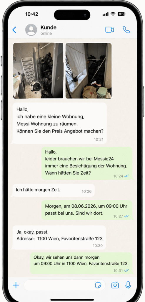 Messie Räumung Wien Fixpreis WhatsApp Anfrage mit Terminvereinbarung