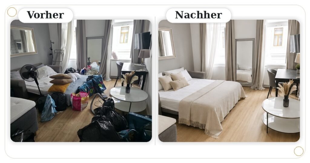 Messie Wohnungsauflösung Wien 24h Anfrage Fixpreis – Vorher-Nachher-Bild einer geräumten Wohnung