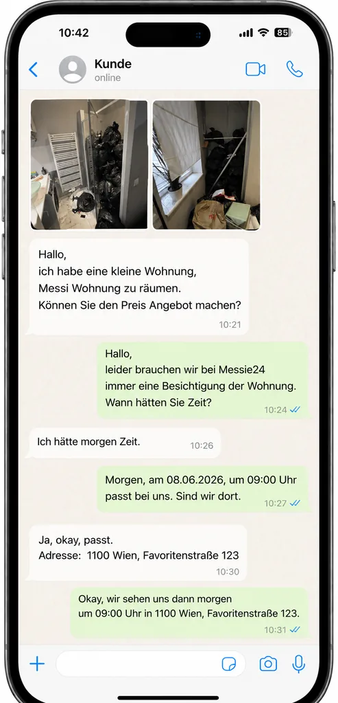 Messie Räumung Wien Fixpreis WhatsApp Anfrage mit Terminvereinbarung