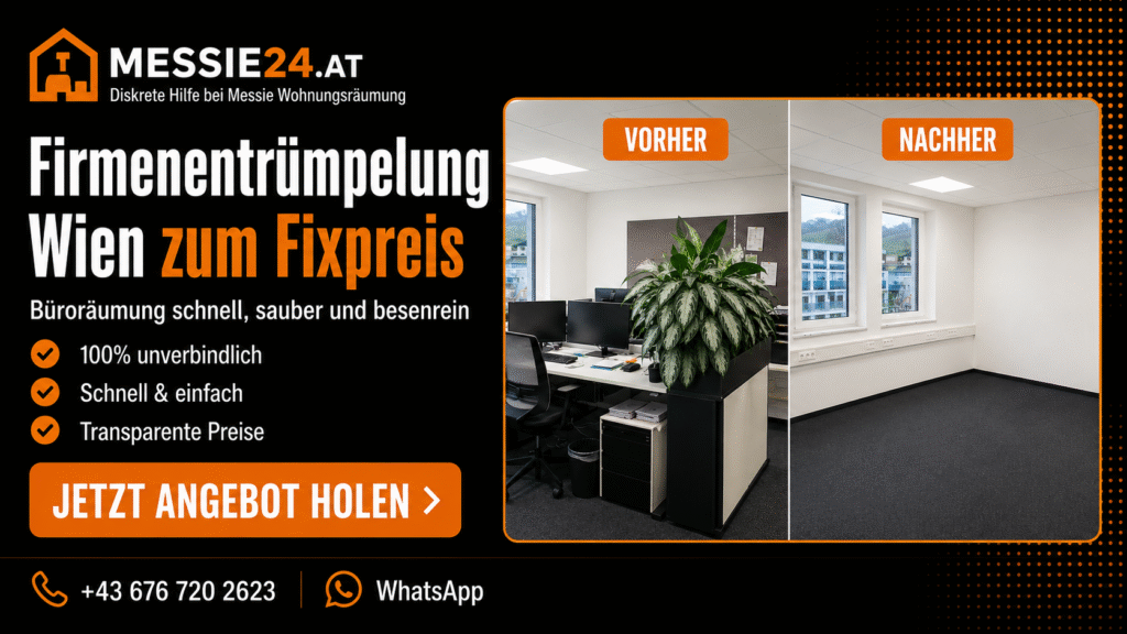 Firmenentrümpelung Wien zum Fixpreis mit Vorher-Nachher-Vergleich eines vollständig geräumten Büros
