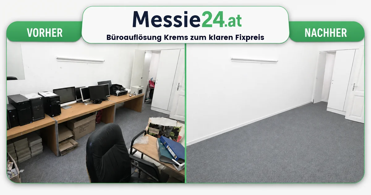 Büroauflösung Krems zum klaren Fixpreis: Büro vorher voller Möbel und Technik, nachher leer und besenrein von Messie24 geräumt