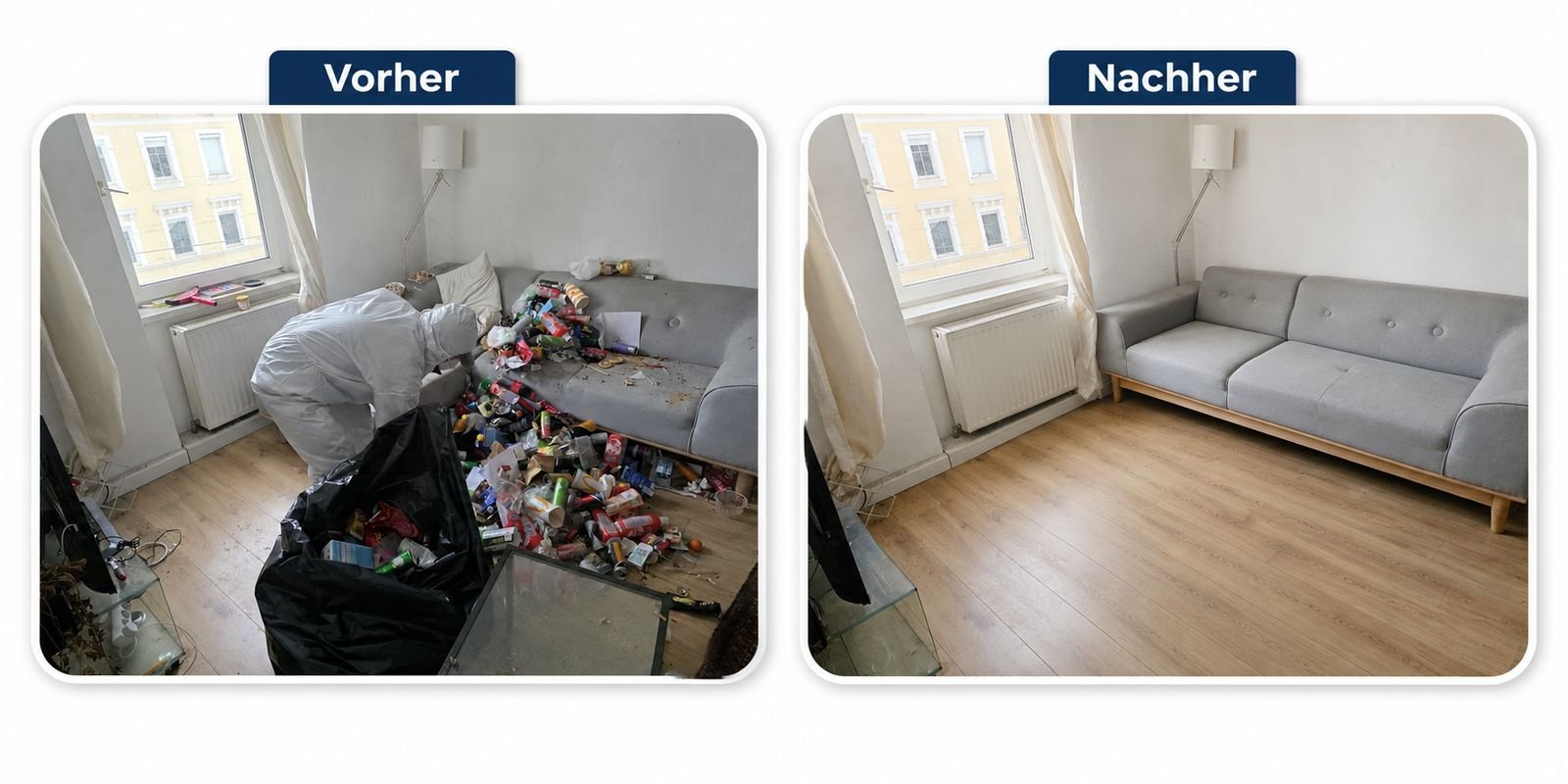 Messie Räumung Tulln an der Donau: Mitarbeiter im Schutzanzug entfernt Müllsäcke aus einem stark überfüllten Wohnzimmer, danach derselbe Raum leer und sauber