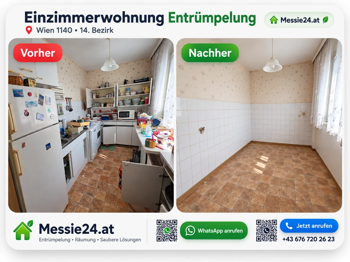 Einzimmerwohnung Messie Entrümpelung – Küche vorher mit Geschirr und Möbeln, nachher leer geräumt