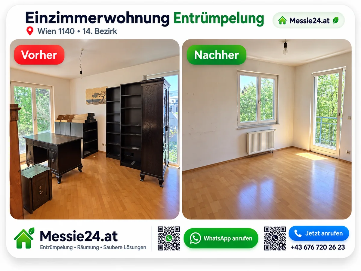 Einzimmerwohnung Messie Entrümpelung – Zimmer vorher mit Möbeln und nachher leer geräumt in Wien 1140