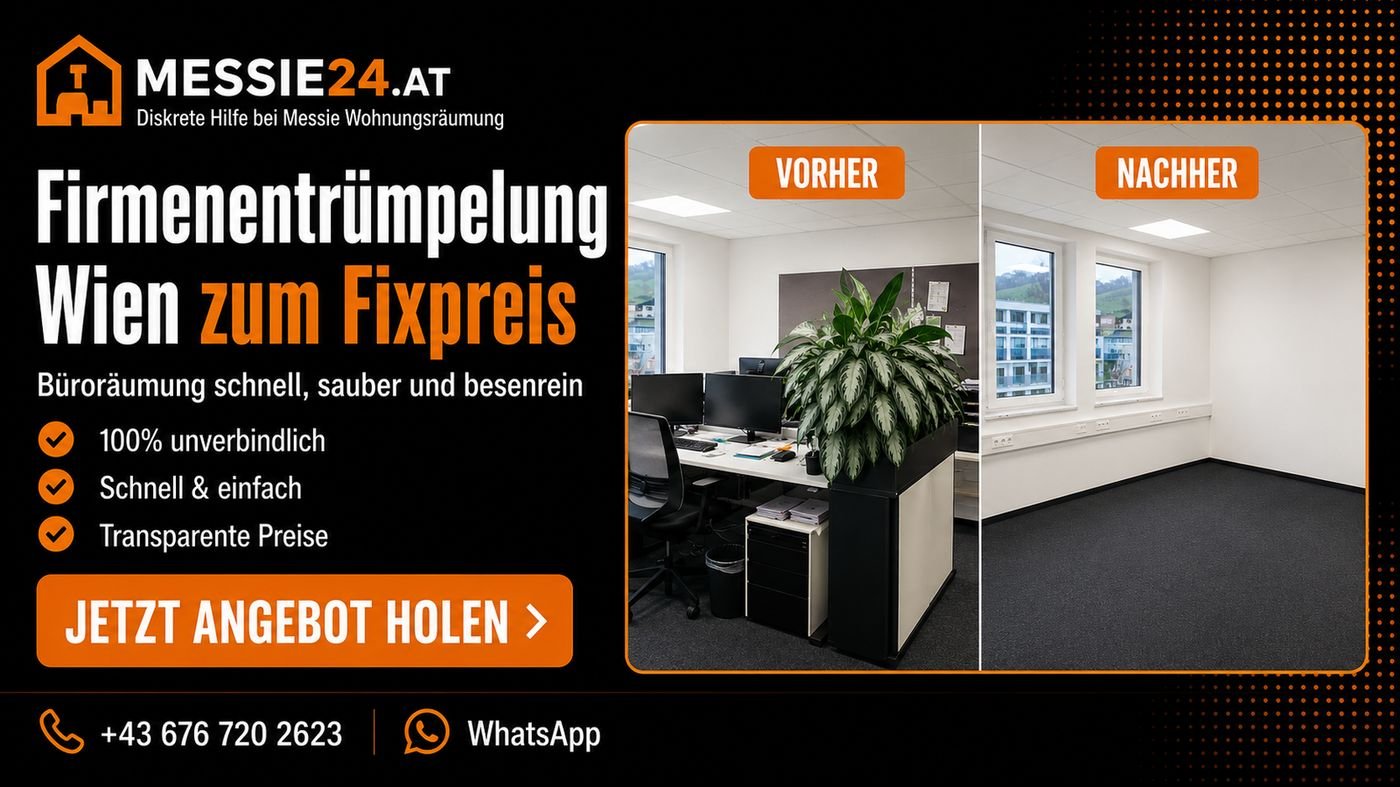 Firmenentrümpelung Wien zum Fixpreis: vollständig geräumtes Büro im Vergleich zum unaufgeräumten Zustand davor