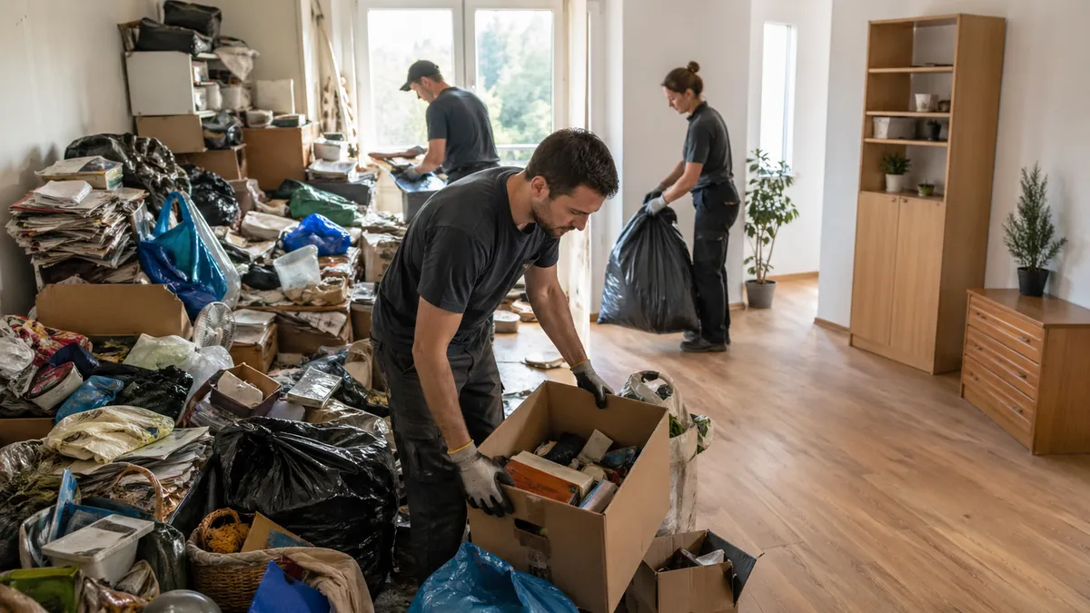 Entrümpelung Messie Niederösterreich: drei Mitarbeitende mit Arbeitshandschuhen räumen ein stark gefülltes Zimmer mit Kartons und Säcken