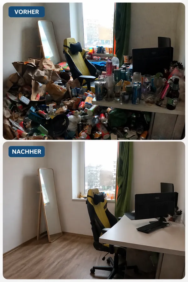 Entrümpelung Messie Niederösterreich: Zimmer vorher mit Flaschen und Hausrat am Boden, nachher geräumt mit Schreibtisch und Standspiegel