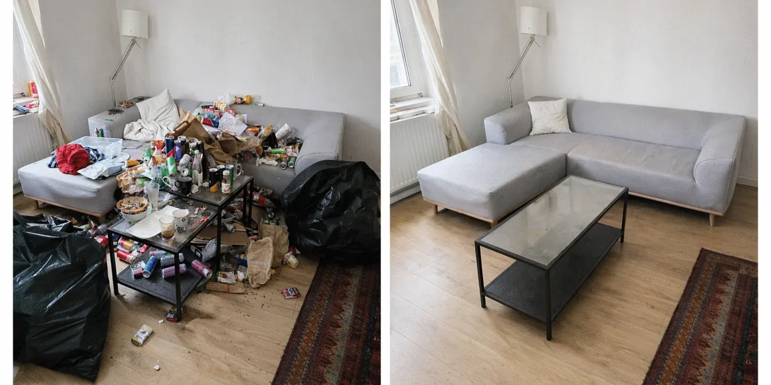 Messie Entrümpelung 1070 Wien Neubau – Vorher-Nachher-Bild eines geräumten Wohnzimmers mit Sofa und Couchtisch