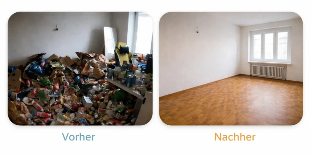 Messie Räumung Baden vorher nachher – vermülltes Zimmer und leerer, besenreiner Raum im Vergleich